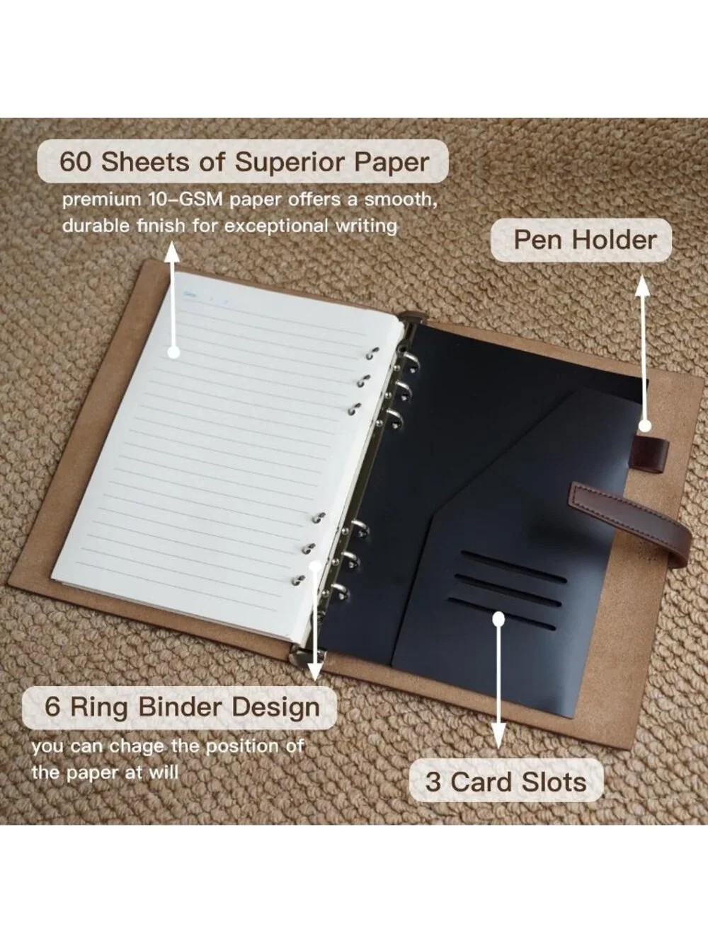 Vintage Refillable A5 Leather Binder Notebook | 6-Ring Organizer with 120 Pages